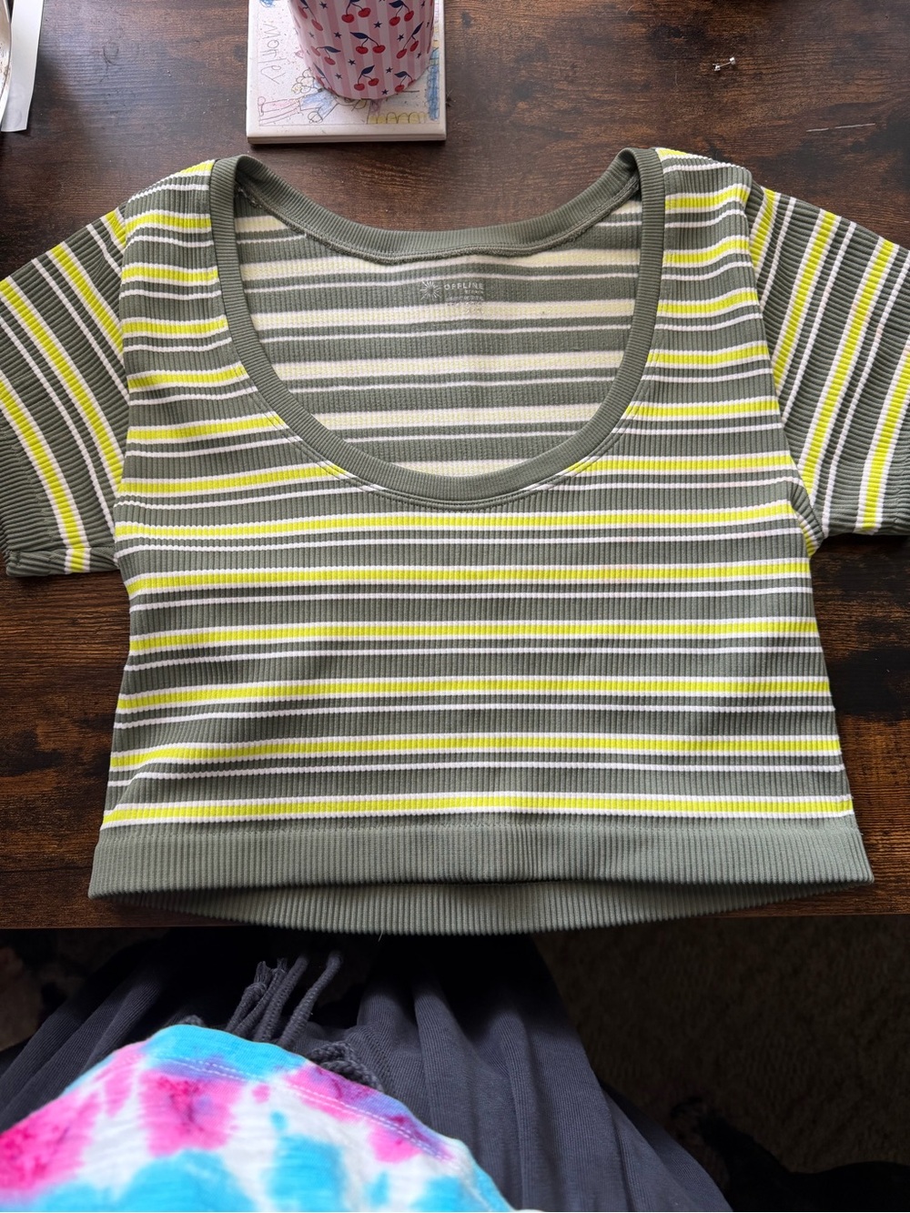 aerie Olive Green, White & Yellow Striped Ribbed Crop Top